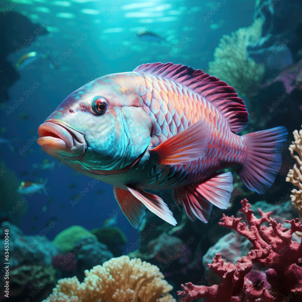 Fototapeta premium A vibrant Parrotfish swims against a coral reef pastel background, expressing exuberance and beauty.