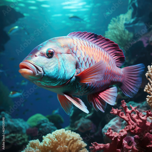 A vibrant Parrotfish swims against a coral reef pastel background  expressing exuberance and beauty.