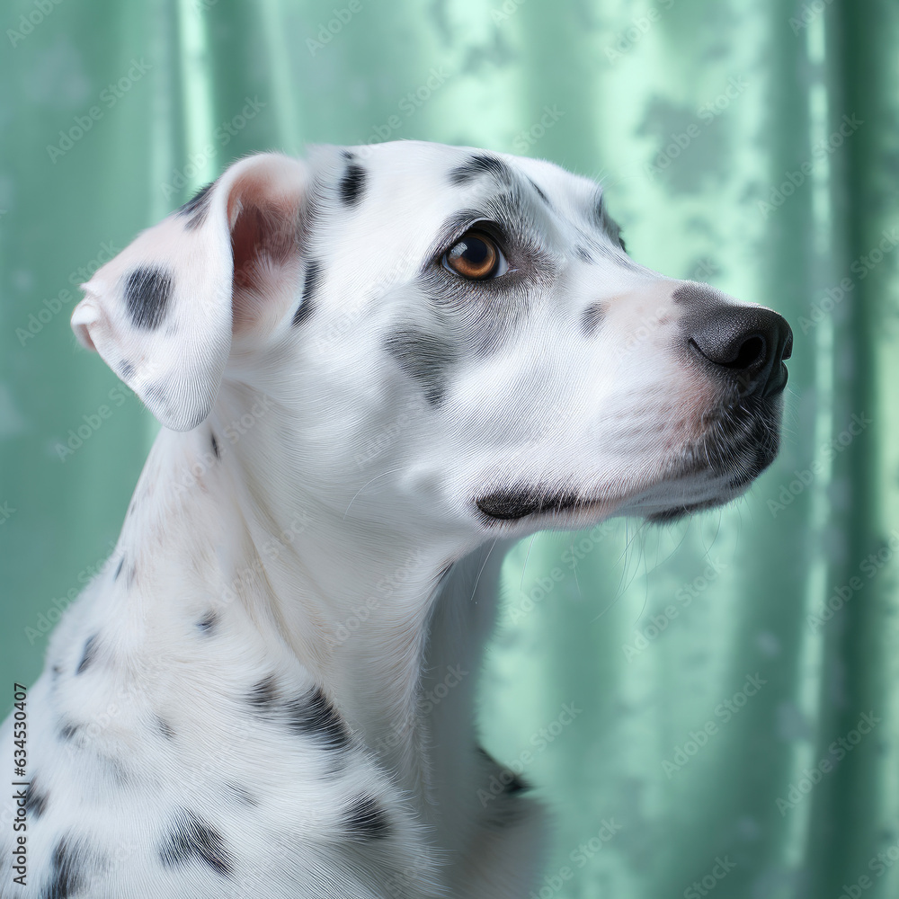 A thoughtful and unique Dalmatian gazes out of a window in a studio with a mint pastel background.