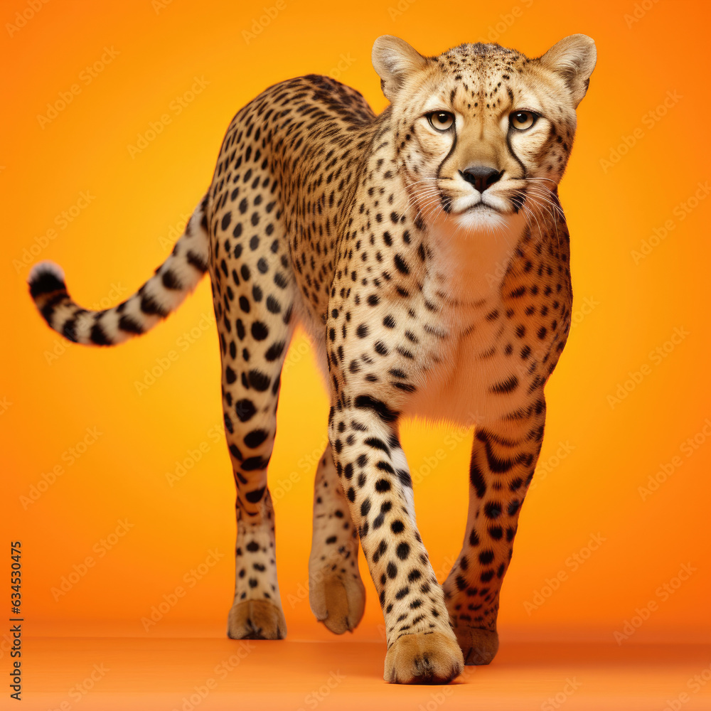 Obraz premium A cheetah sprints with speed and determination against a vibrant orange pastel background.