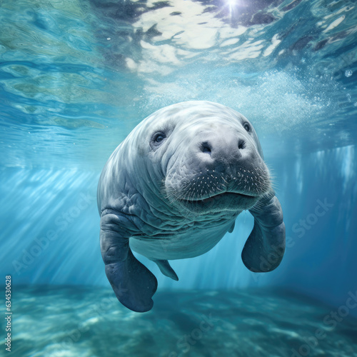 A gentle Manatee gracefully swims against a serene pastel backdrop.
