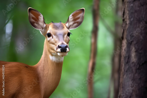 A curious expression on a gentle deer against a forest green backdrop creates an enchanting portrait.