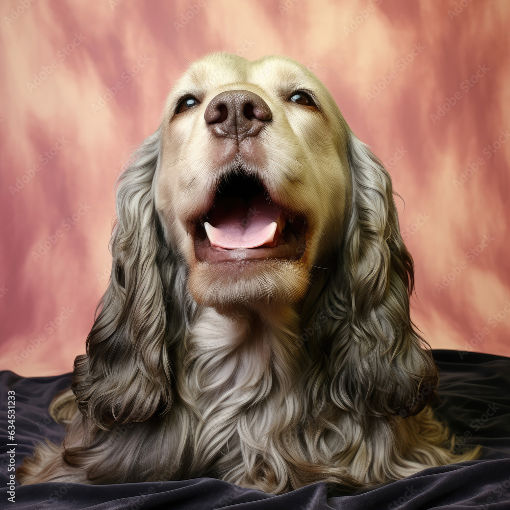 A half-closed eyed Cocker Spaniel ready to relax into sleep in a pale pink pastel studio.