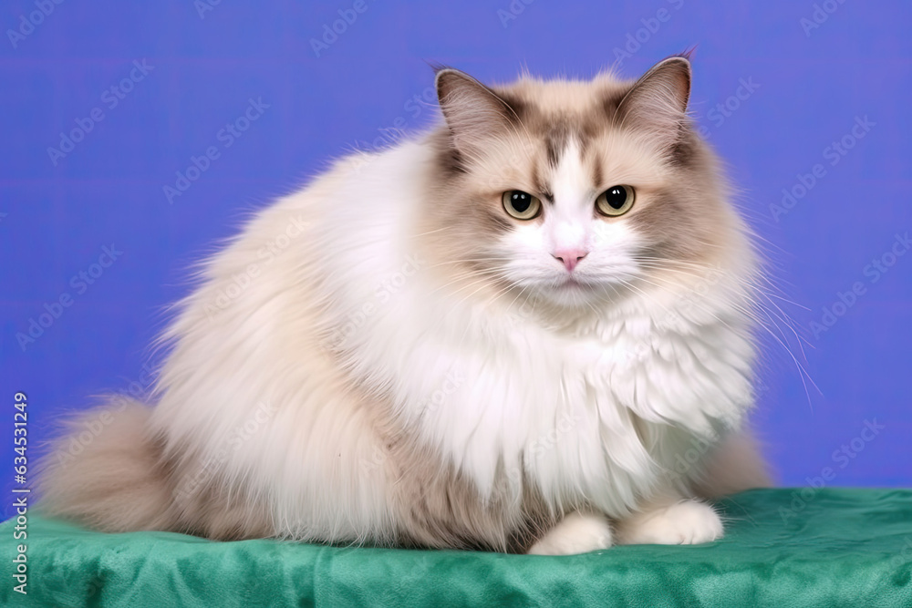 A Ragdoll cat with striking blue eyes and a mildly puzzled expression against a pastel green backdrop.