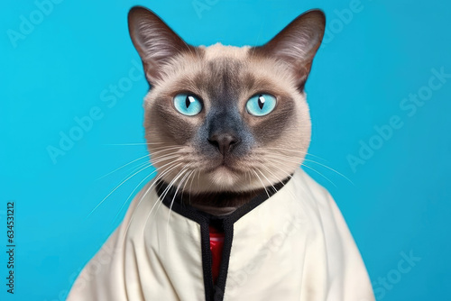 A humorous portrait of a Siamese cat with crossed eyes and a seal-point coat looking quizzically at the camera against a turquoise background. © blueringmedia