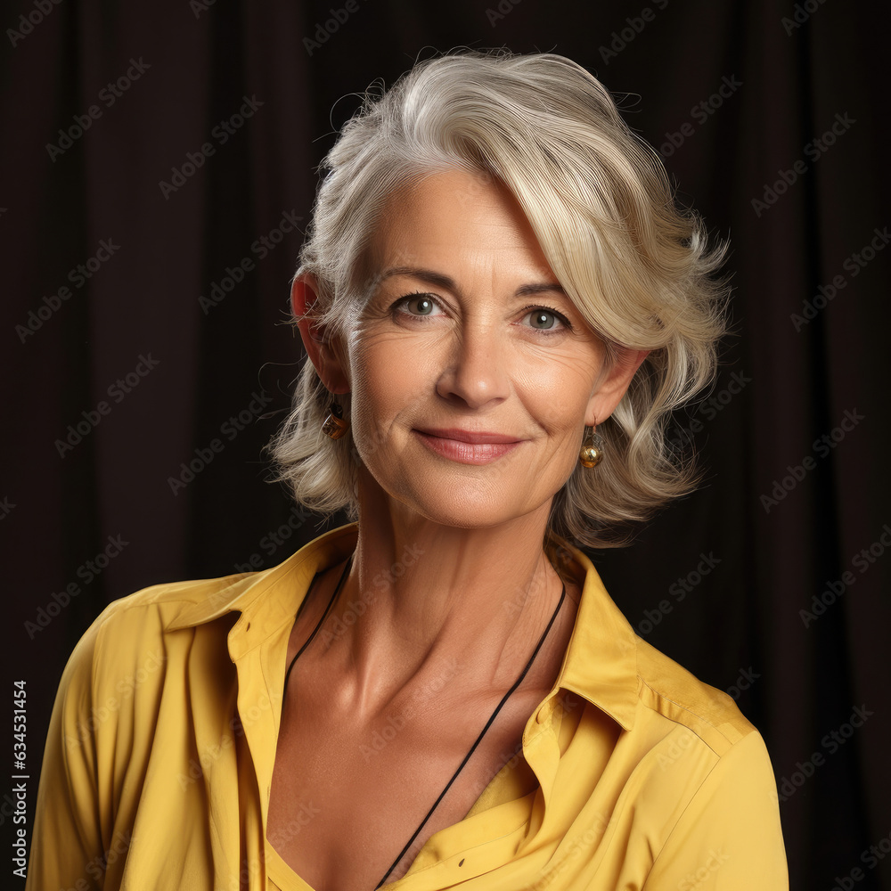 A relaxed woman in her 50s gazes out of the frame with a contented smile against a yellow pastel backdrop, reflecting peace and satisfaction. A relaxed woman in her 50s gazes out of the frame with a contented smile against a yellow pastel backdrop, reflecting peace and satisfaction.