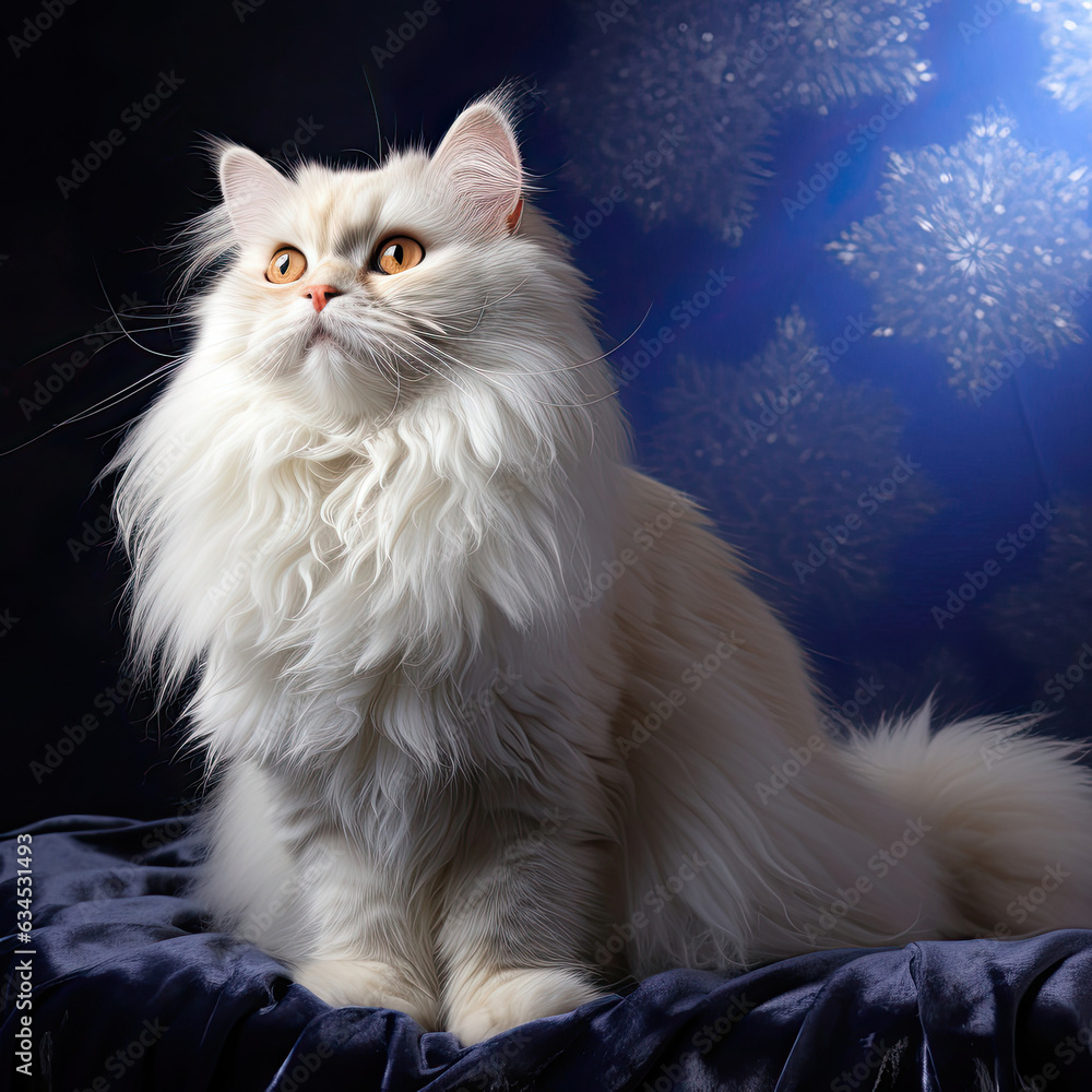 A regal Persian cat with long fur and a dignified expression against a royal blue pastel background showcases its luxurious and majestic nature.