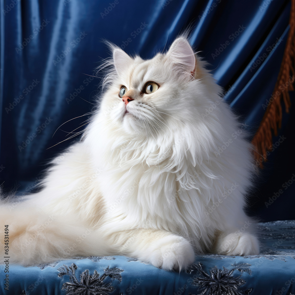 A regal Persian cat with long fur and a dignified expression against a royal blue pastel background showcases its luxurious and majestic nature.
