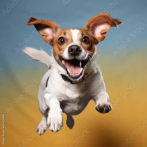 A lively Jack Russell Terrier showcases its enthusiasm and athleticism with a spirited jump against a pastel backdrop in the park.
