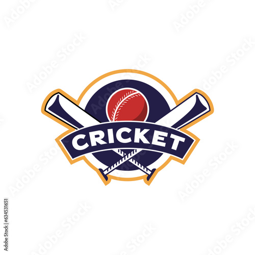 Badge emblem Cricket logo, cricket team, cricket club logo design with crossed sticks and ball vector on dark background