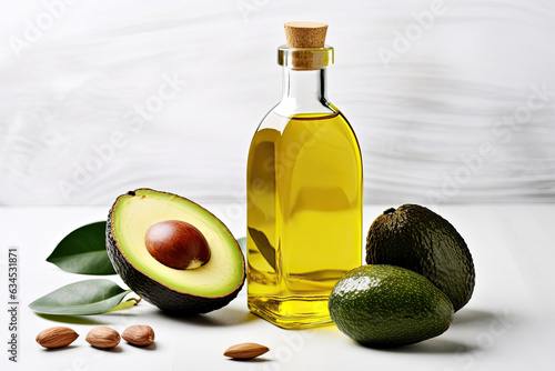 Glass bottle of cooking oil and fresh avocados on wooden table, flat lay. Space for text