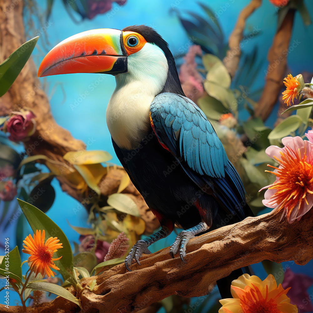 A colorful toucan with a unique charm perched against a tropical backdrop. A colorful toucan with a unique charm perched against a tropical backdrop.