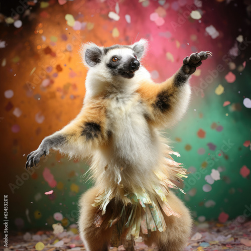 A playful and curious lemur dances against a pastel backdrop.