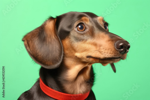 "A Dachshund with an exaggerated head tilt on a mint green background, showcasing its smooth, red coat and inquisitive eyes." © blueringmedia