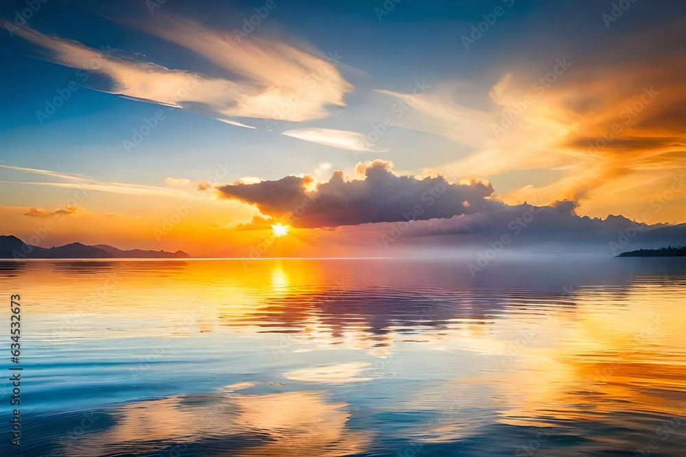 Fototapeta premium : A vibrant sunset over a serene coastal scene, where the sun dips below the horizon, casting a warm, golden glow across the water's surface