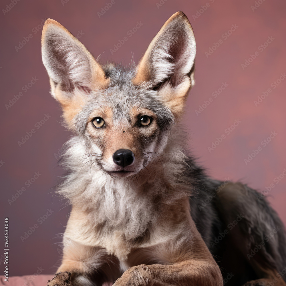 A lively and intelligent jackal bounds against a dusky pastel backdrop, showcasing its adaptability.