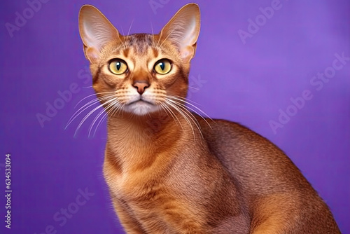 "A stunning portrait of an Abyssinian cat with a warm ruddy coat and almond-shaped amber eyes against a solid purple background."