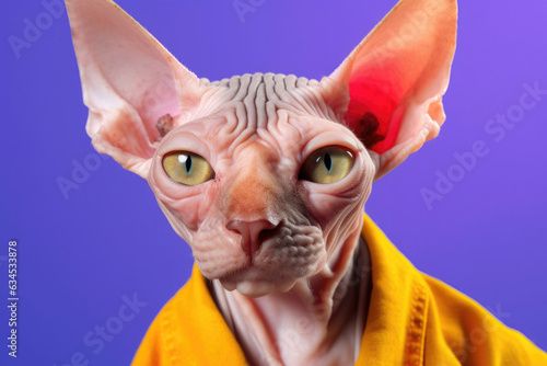 "Unconventional portrait of a Sphynx cat with lemon-shaped eyes."