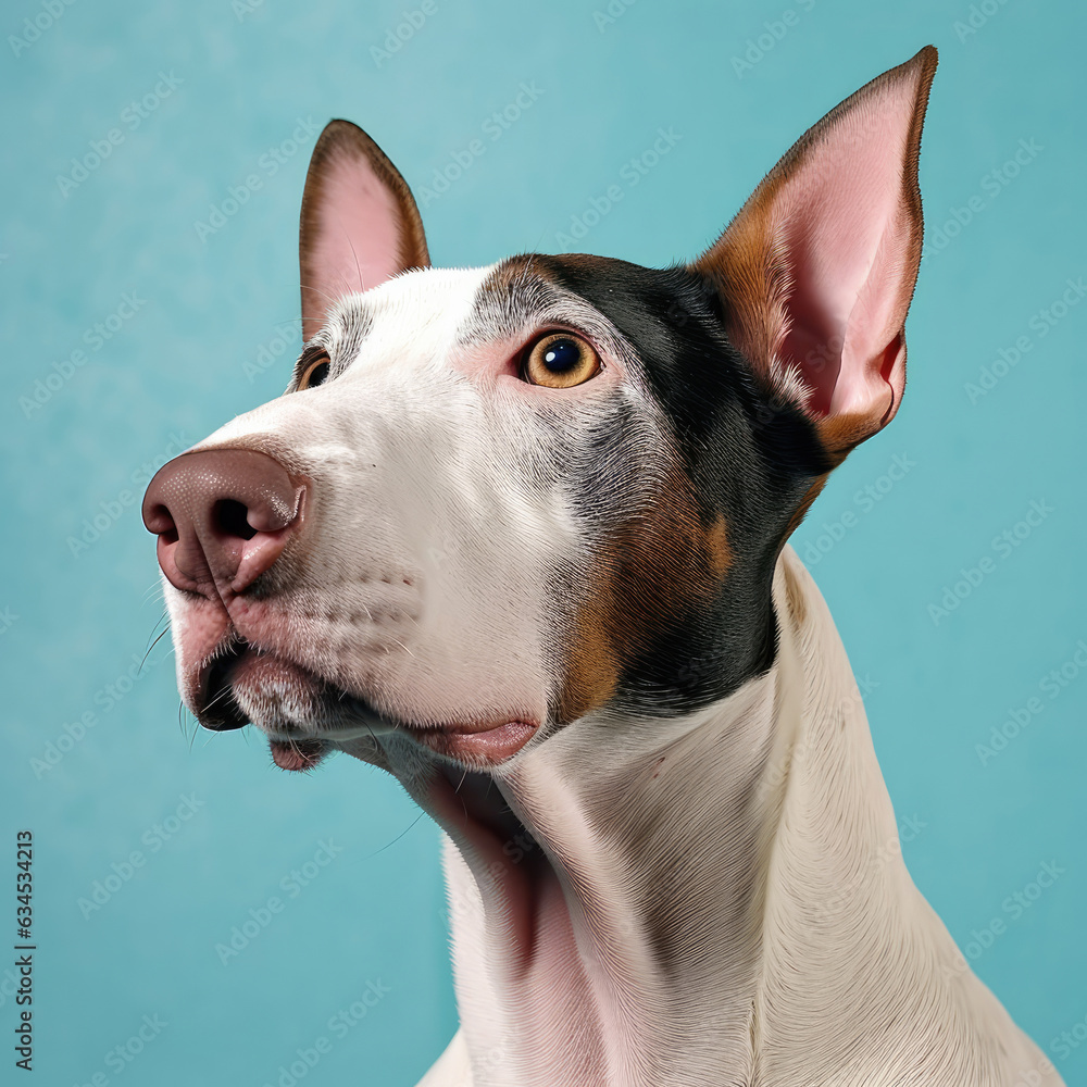 A determined Bull Terrier focuses intently in a studio with a turquoise pastel backdrop.