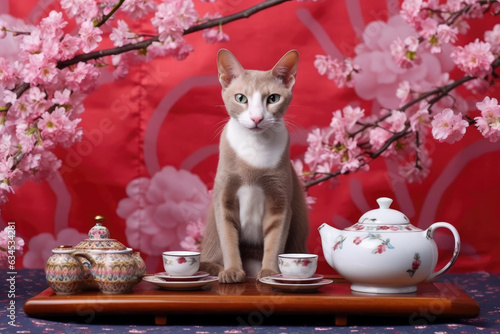 A poised Oriental cat with a miniature tea set against a cherry blossom backdrop.