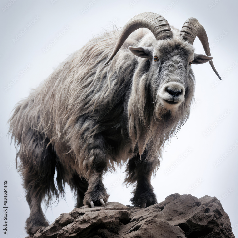 A sturdy Mountain Goat climbs a peak against a solid gray background, conveying survival and determination. A sturdy Mountain Goat climbs a peak against a solid gray background, conveying survival and determination.
