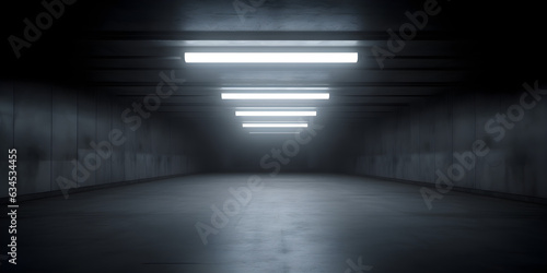 Dark Concrete Led White Lights Underground Tunnel Corridor Cement Asphalt Hallway Warehouse Tunnel Corridor Metal Structure Realistic Empty 3D Rendering