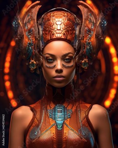 Portrait beautiful futuristic tribal warrior queen, in neon color.