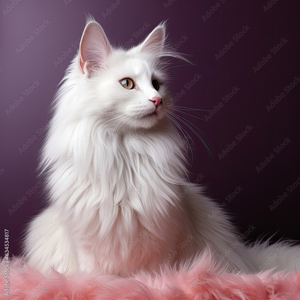 A pensive Turkish Angora with elegant white fur and deep eyes reflects a sense of wisdom against a soft purple pastel backdrop. A pensive Turkish Angora with elegant white fur and deep eyes reflects a sense of wisdom against a soft purple pastel backdrop.