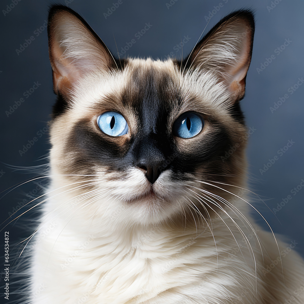 A graceful Siamese Cat with blue eyes exudes elegance.