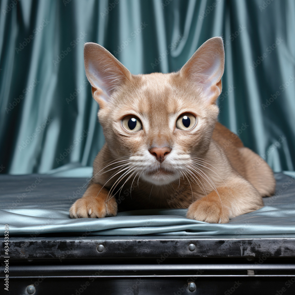 A disinterested Tonkinese cat lies in a studio with glazed aqua eyes.