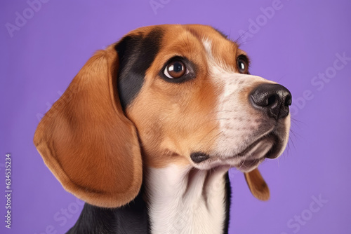 "Portrait of a Beagle with hazel eyes and tri-colored coat."