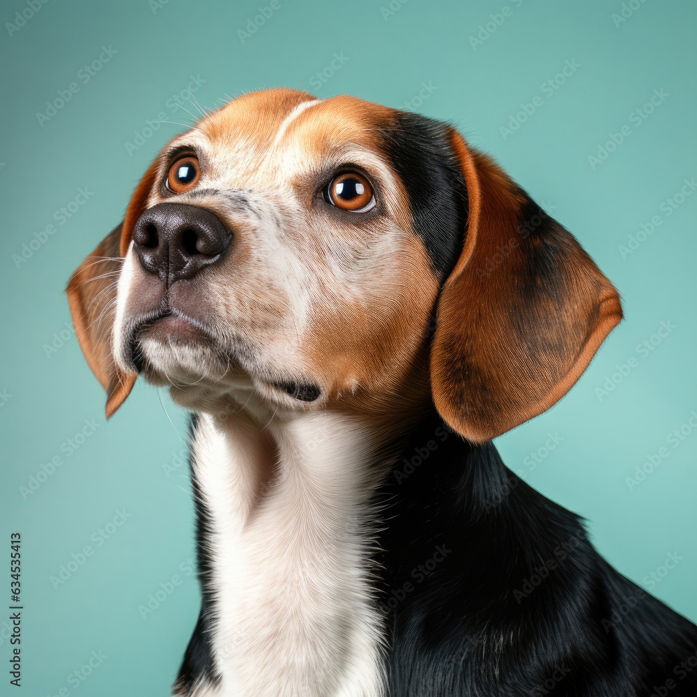 A curious Beagle with focused eyes and an expression of interest and inquisitiveness in a studio with a mint pastel background.
