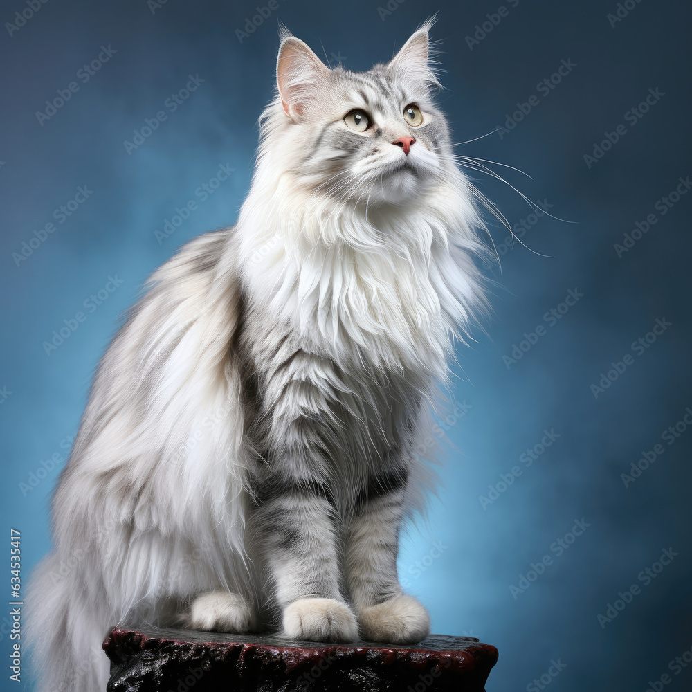 A proud Norwegian Forest Cat with a noble and confident demeanor stands tall in a studio with an ice blue pastel background.