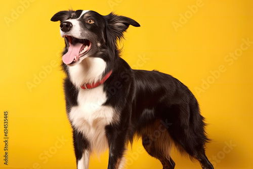 An eager Border Collie with a glossy black and white coat and sparkling eyes showing anticipation on a sunny yellow backdrop.