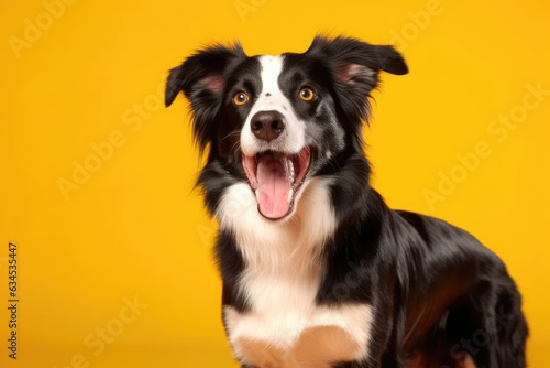 An eager Border Collie with a glossy black and white coat and sparkling eyes showing anticipation on a sunny yellow backdrop. © blueringmedia