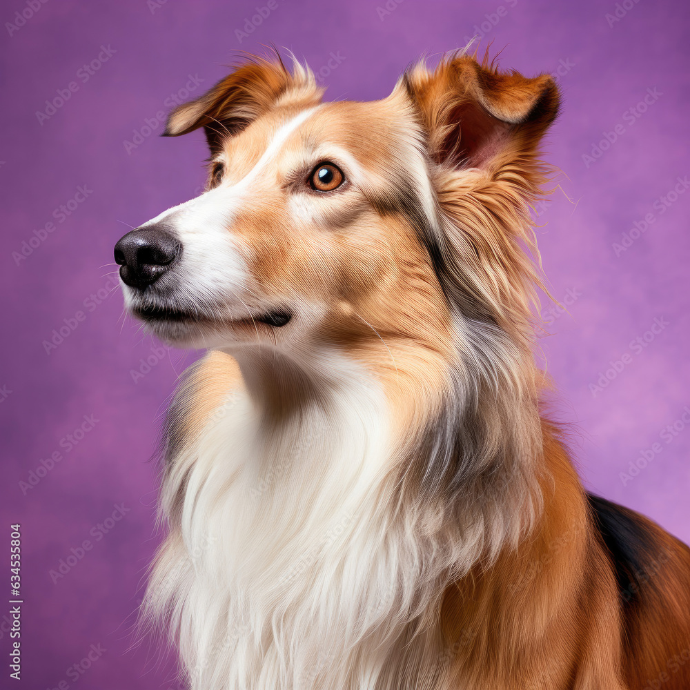 A noble Collie radiating intelligence and understanding in a studio.