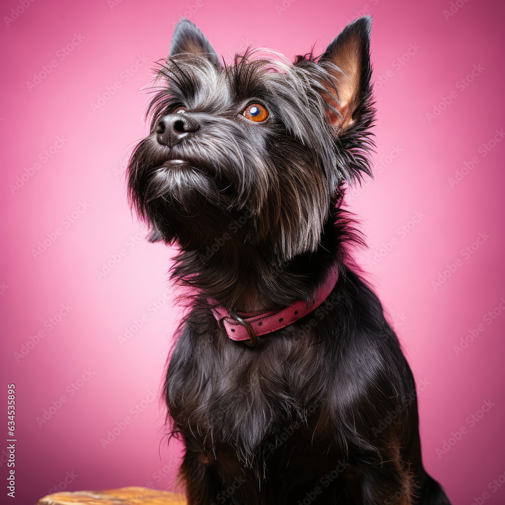 A charming Cairn Terrier with a quizzical expression and scruffy coat poses in a studio with a pink pastel background.