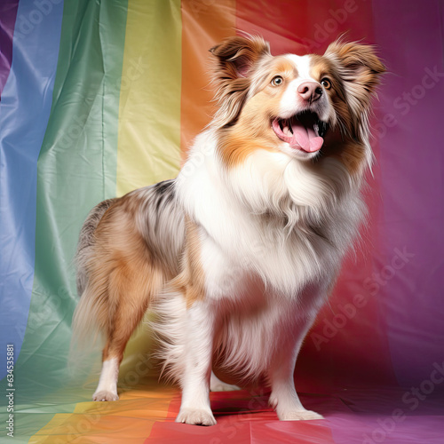 A playful and lively Australian Shepherd dances in a whimsical studio with a rainbow pastel backdrop.