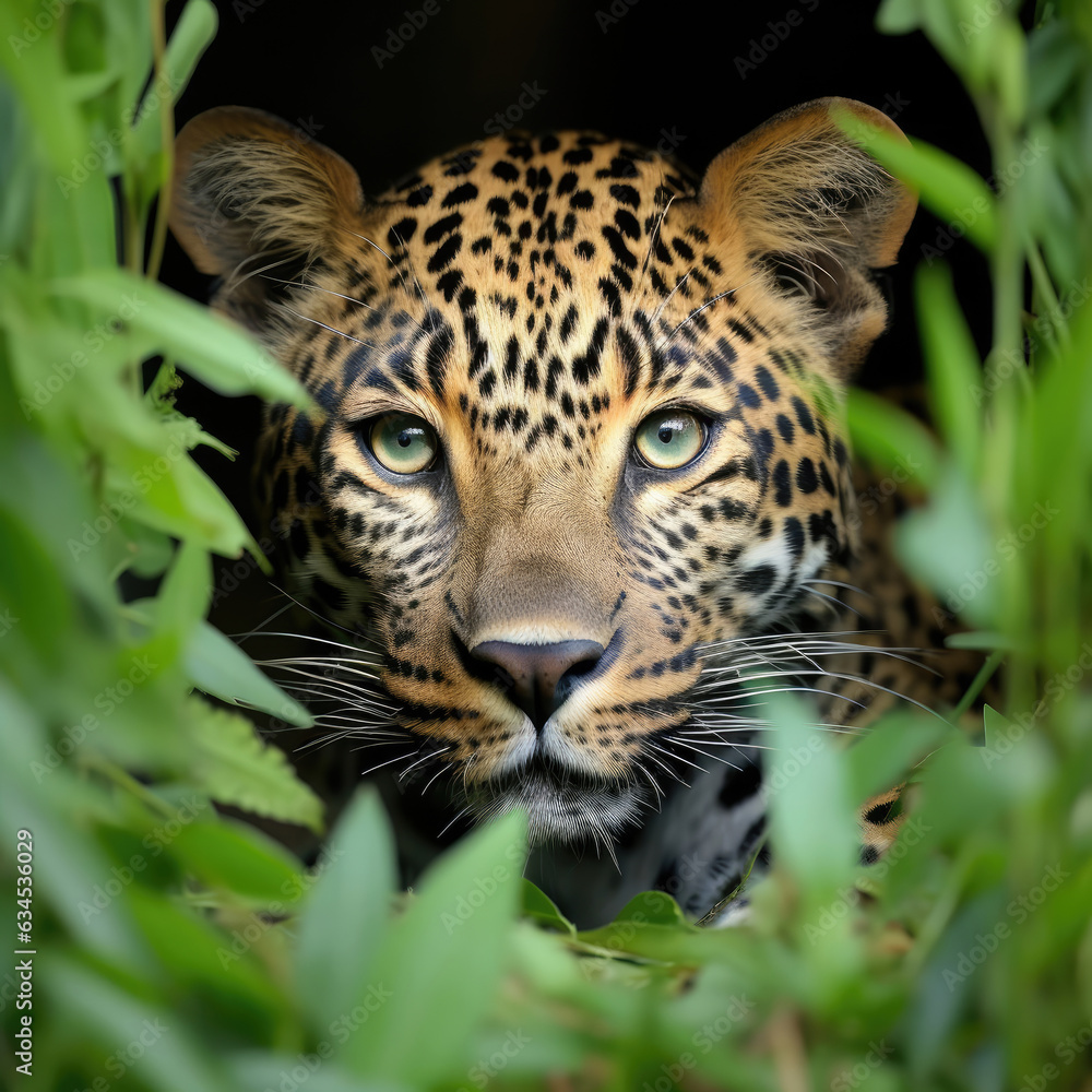 A watchful Leopard crouches against a jungle green pastel background, showcasing its stealth and intent. A watchful Leopard crouches against a jungle green pastel background, showcasing its stealth and intent.