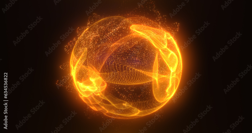 Fototapeta premium Abstract orange fire energy sphere of particles and waves of magical glowing on a dark background