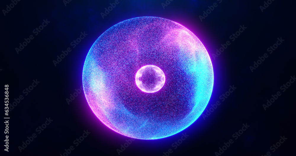 Naklejka premium Blue purple energy sphere with glowing bright particles, atom with electrons and elektric magic field scientific futuristic hi-tech abstract background