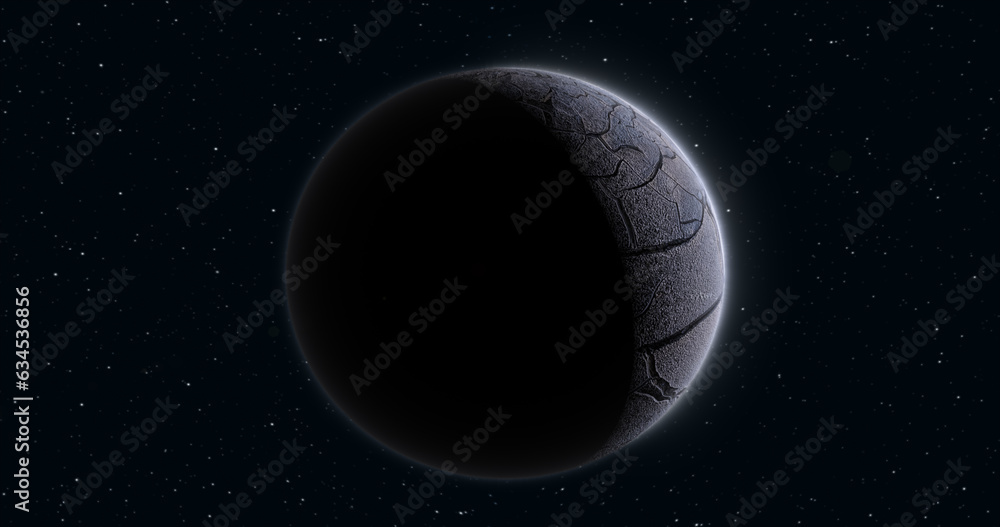 Fototapeta premium Abstract realistic space planet round sphere with a stone relief surface in space against the background of stars