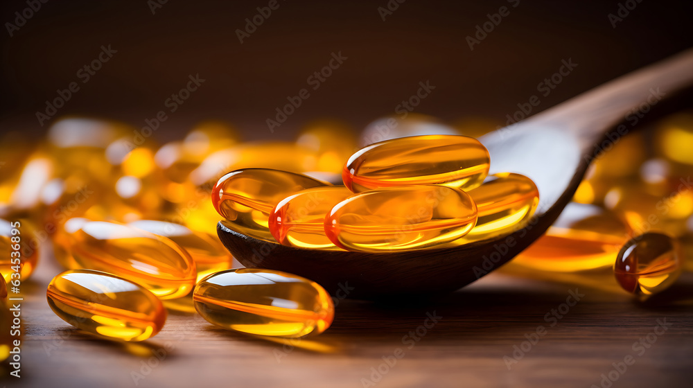 Omega 3 fish oil gel capsules on wooden spoon. Extreme close up. Omega 3 fish oil gel capsules on wooden spoon. Extreme close up.