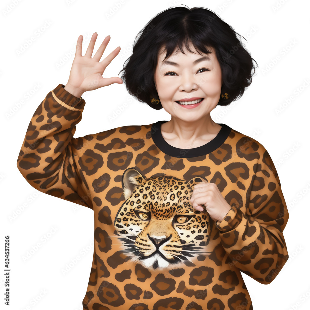 Fototapeta premium Osaka’s auntie wearing a leopard print sweatshirt isolated on a transparent background.