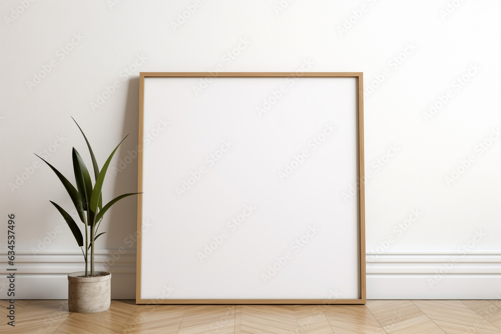 A white blank frame with a potted plant on the floor next to a white wall, Generative AI A white blank frame with a potted plant on the floor next to a white wall, Generative AI