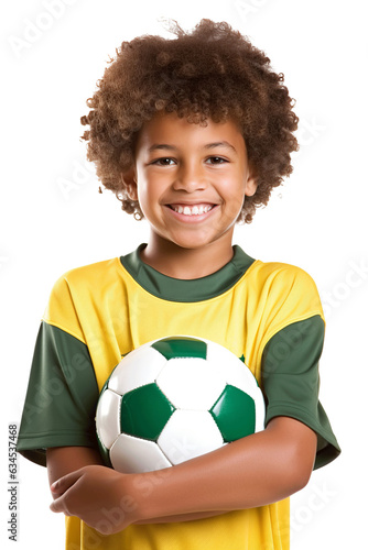 latin brazilian kid holding a football soccer ball, hispanic boy smiling isolated on a white background, transparent png