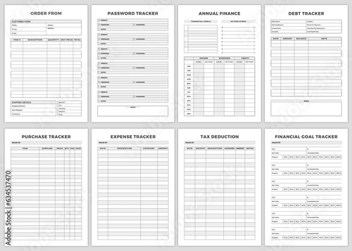 Minimalist planner pages templates. Printable business planner Page .Order From, Password Tracker, Annual Finance, Debt Tracker, Purchase Tracker,Expense Tracker Tax Deduction, Financial Goal Tracker.