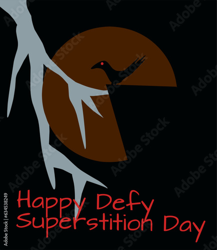 crow and bold text in red on a black background commemorates Defy Superstition Day on September 13