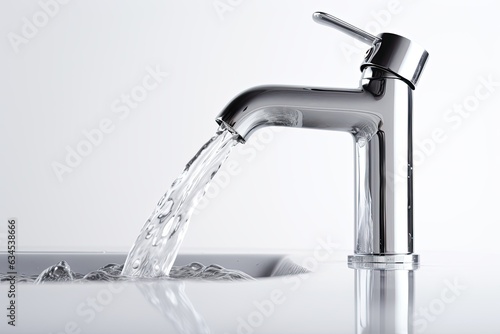 Faucet and water flow on white background