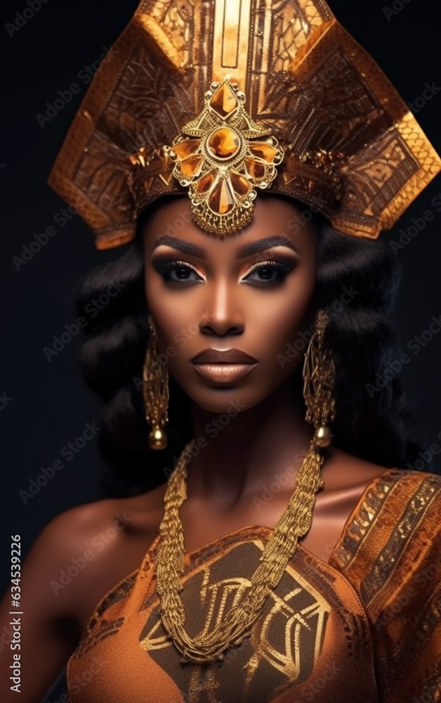 Portrait beautiful futuristic African warrior queen, in golden exotic clothing.